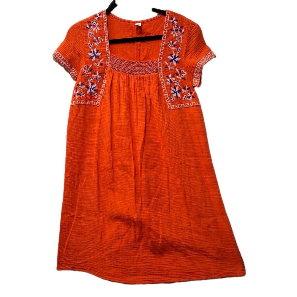 Old Navy Orange Shift Dress Embroidered Floral Cotton Medium Boho Sea Anemone